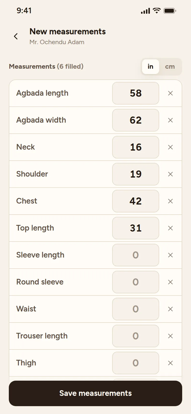 New measurements in Tailorshoppe with the Agbada list chosen, showing Agbada length, Agbada width, Neck, Shoulder, Chest and more