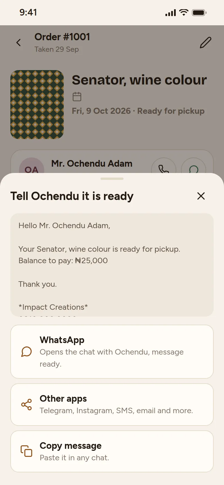 The Tell Ochendu it is ready menu with a message that includes the balance, and choices for WhatsApp, other apps or copy