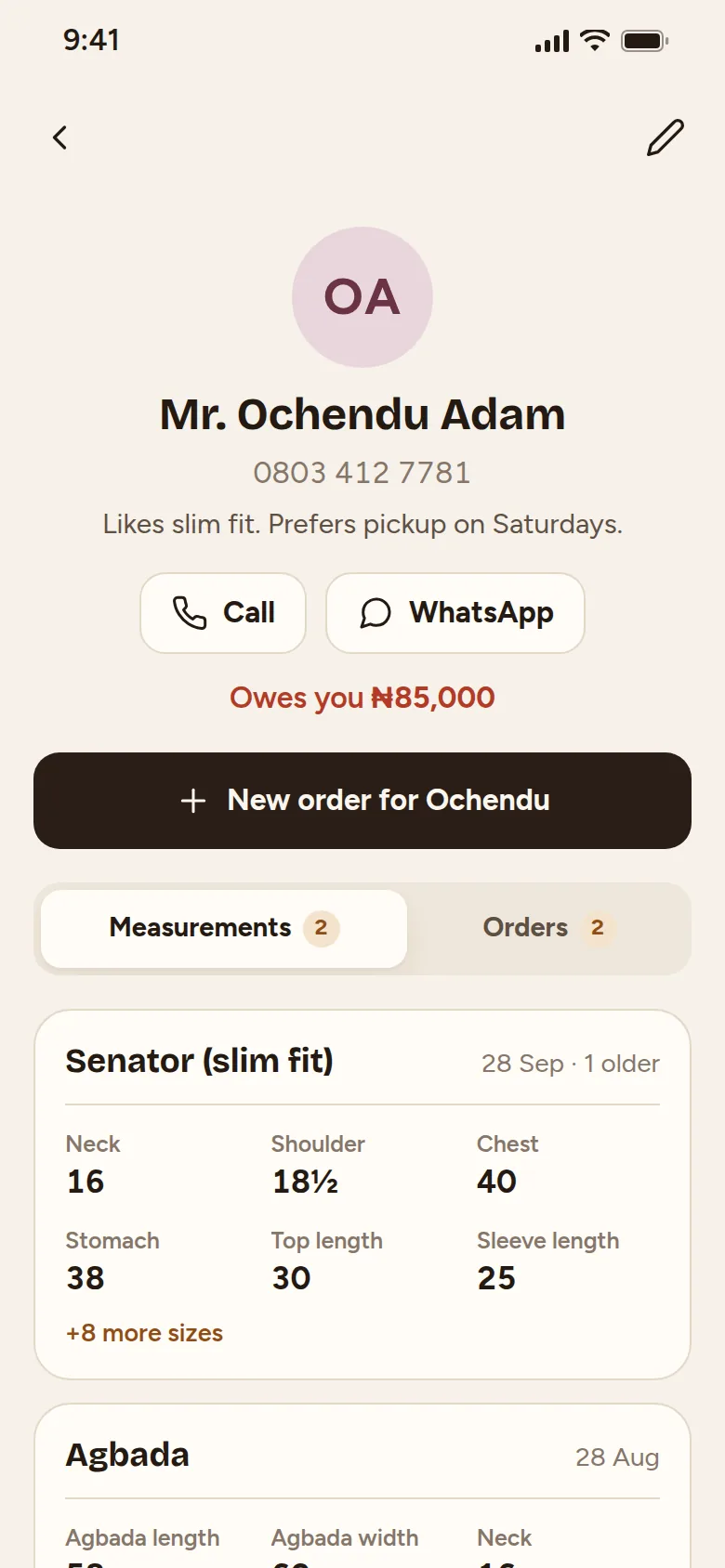 A customer with two saved measurement sets: Senator and Agbada