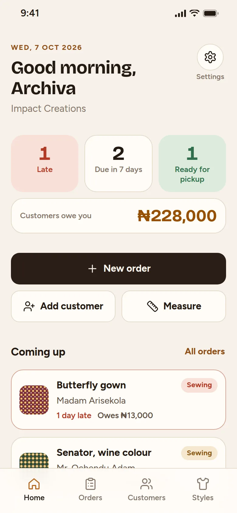 Home screen showing late orders, orders due this week, orders ready for pickup and money owed