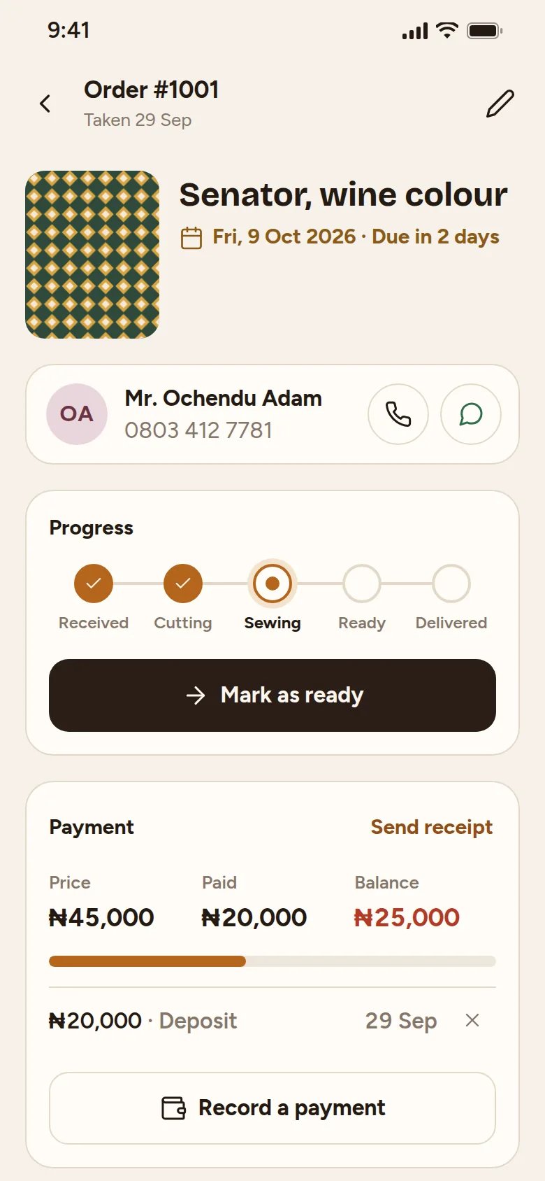 Order page with progress steps, price, amount paid and balance