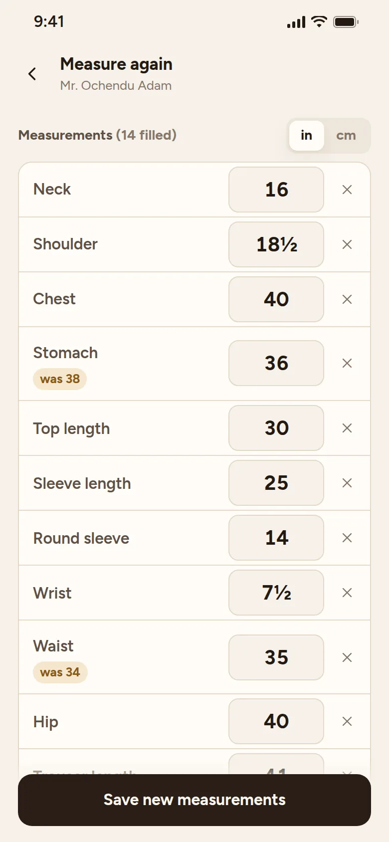 Measure again screen showing Stomach changed from 38 to 36 and Waist from 34 to 35